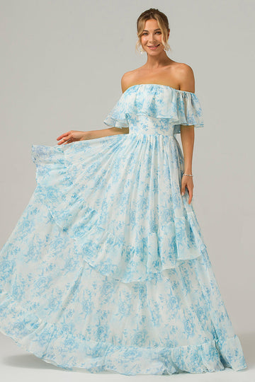 Vestido de dama de honor largo boho con hombros florales blancos y azules con volantes